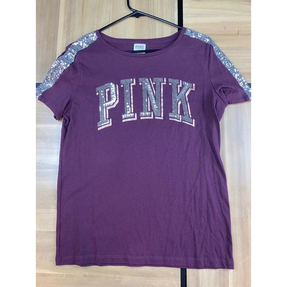 Victoria's Secret PINK Sequin Logo T-Shirt Burgundy‎ Maroon Silver Small